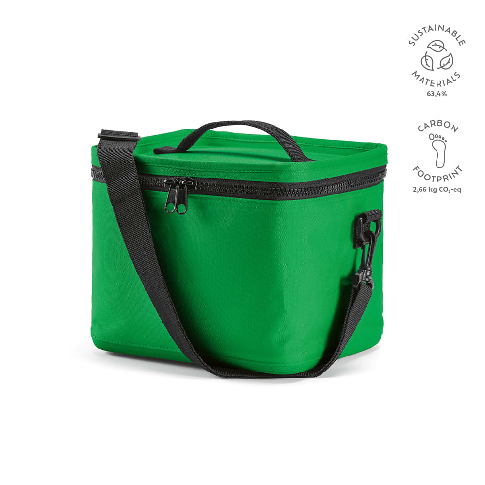 A green cooler bag with a black strap and zippers, featuring sustainable materials and a branding logo.