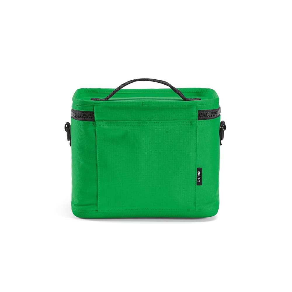 A green cooler bag with thermo injected zippers and a handle, featuring a logo.