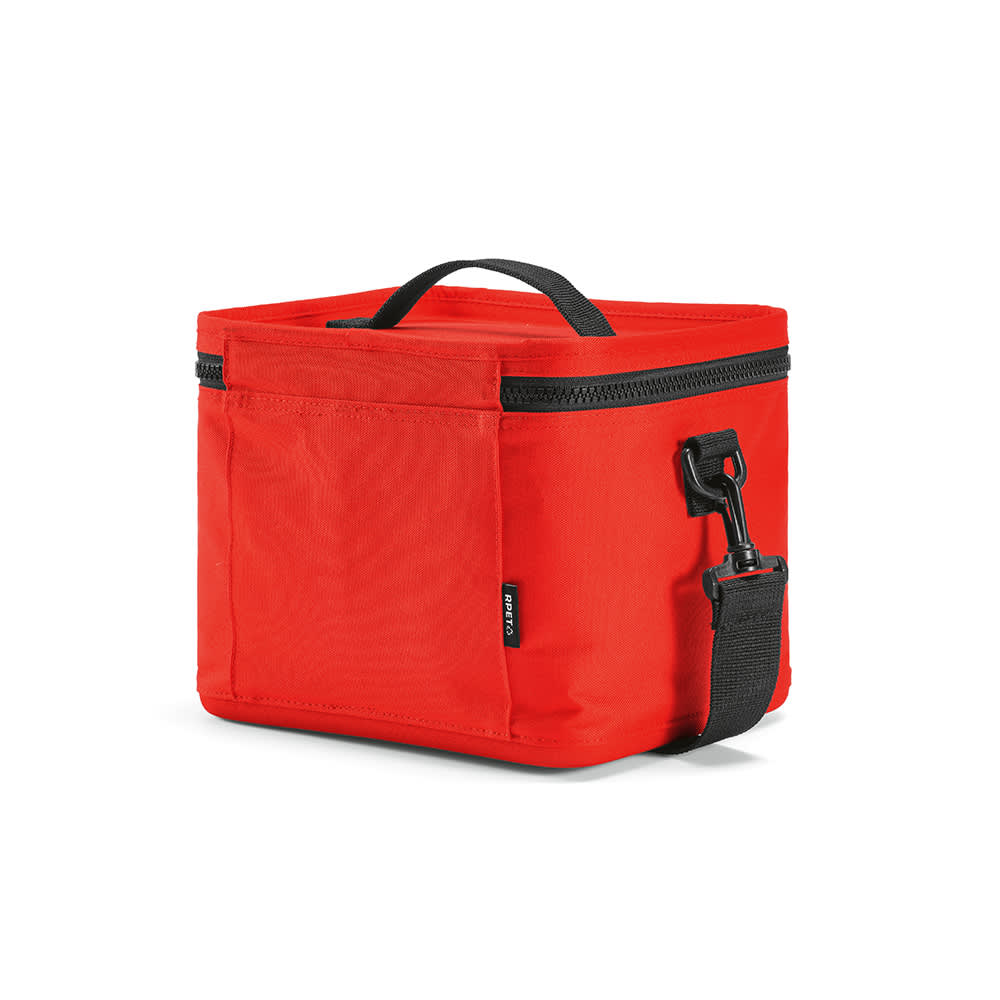 A red cooler bag with a black handle and zipper, featuring a side pocket and a detachable strap.