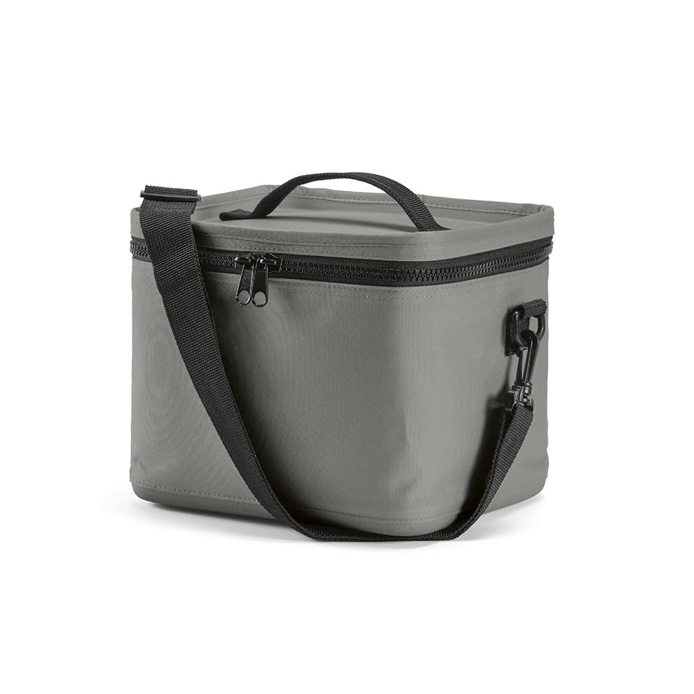 A grey cooler bag with a sturdy handle, shoulder strap, and insulated zippers. It features a logo on the side.