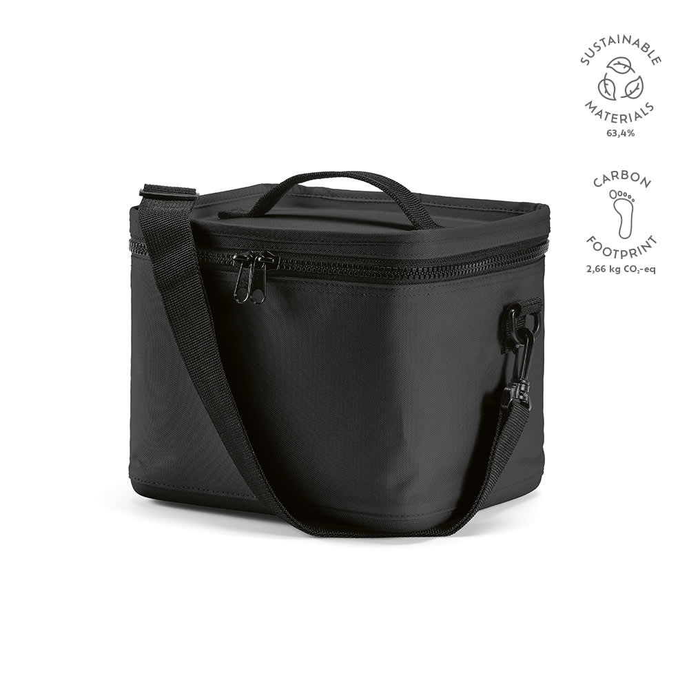 A black cooler bag with a handle and adjustable strap, featuring a zipper closure and a logo on the side.