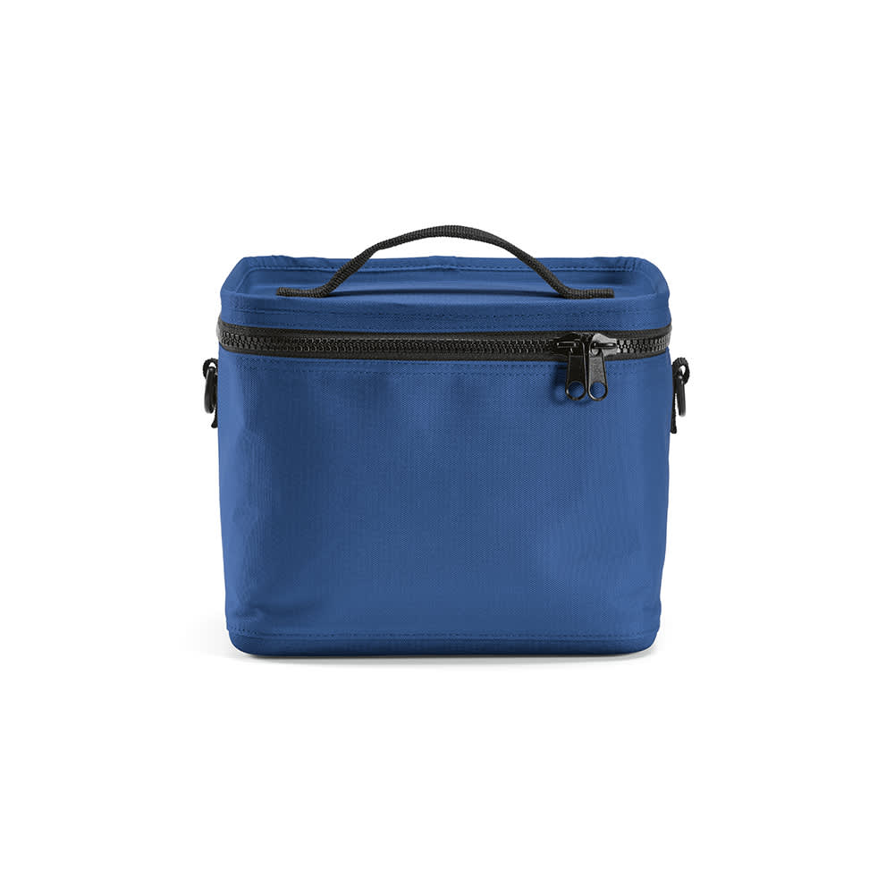 A blue cooler bag featuring thermo-injected zippers and a carrying handle, with a textured surface.