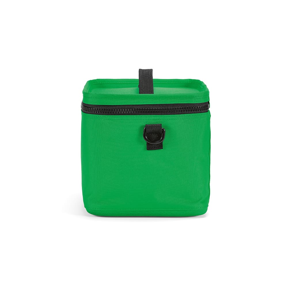 A green cooler bag with black thermo-injected zippers. It features a sturdy carrying handle on top.