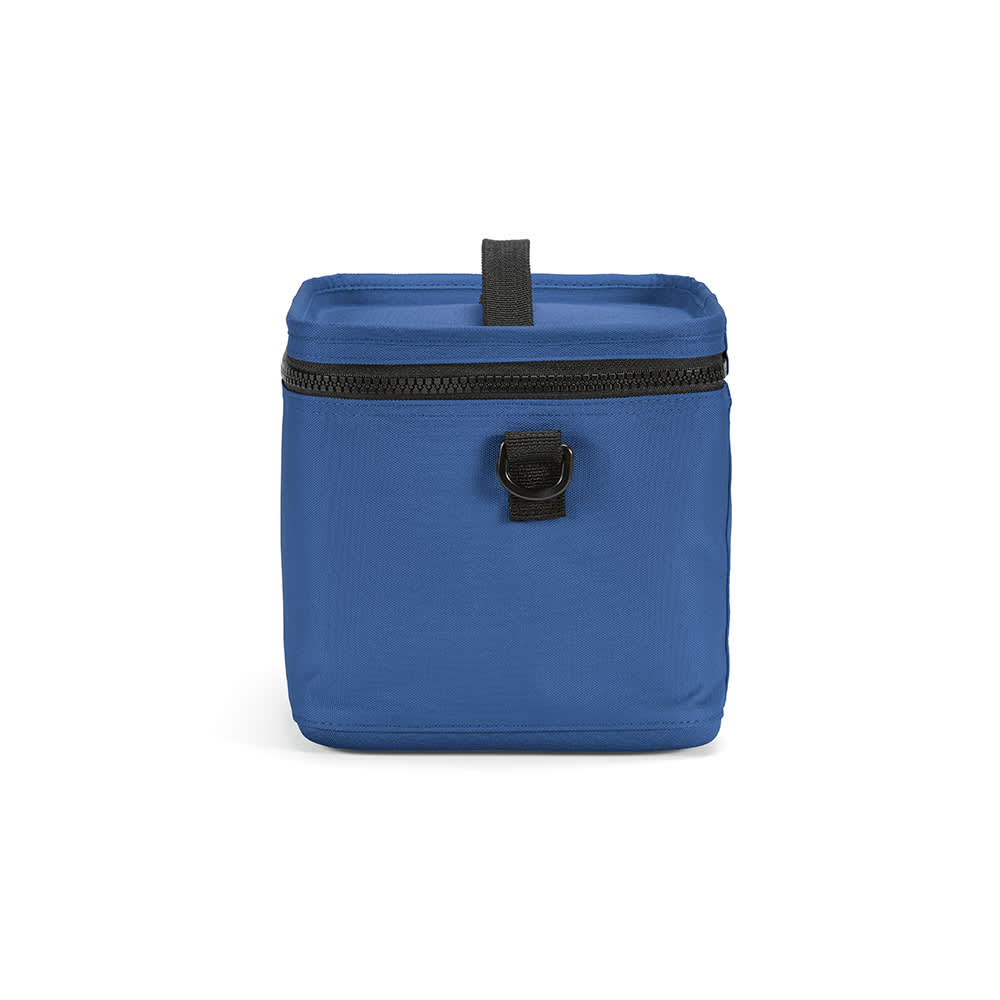 A blue insulated cooler bag with a black zipper and a carrying handle on top. It has a simple design and includes a logo.