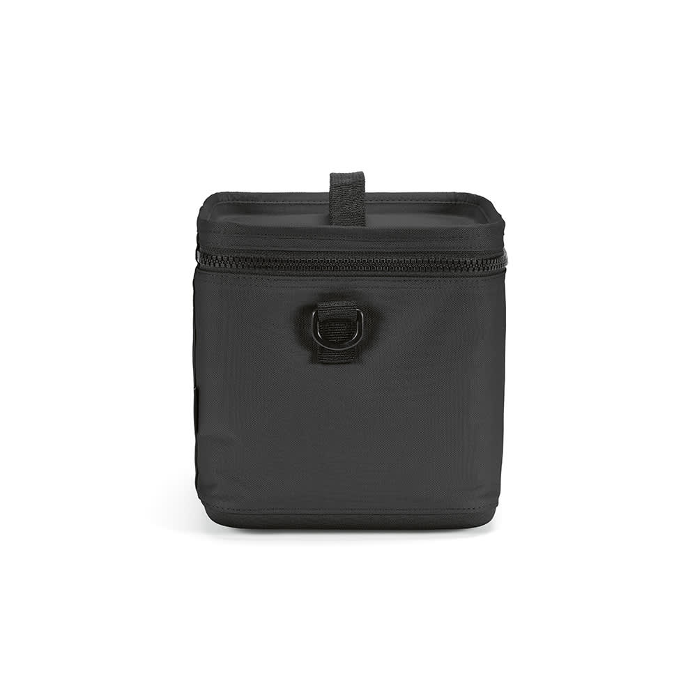 A black insulated cooler bag with a zippered top and a carry handle, featuring a branding logo.