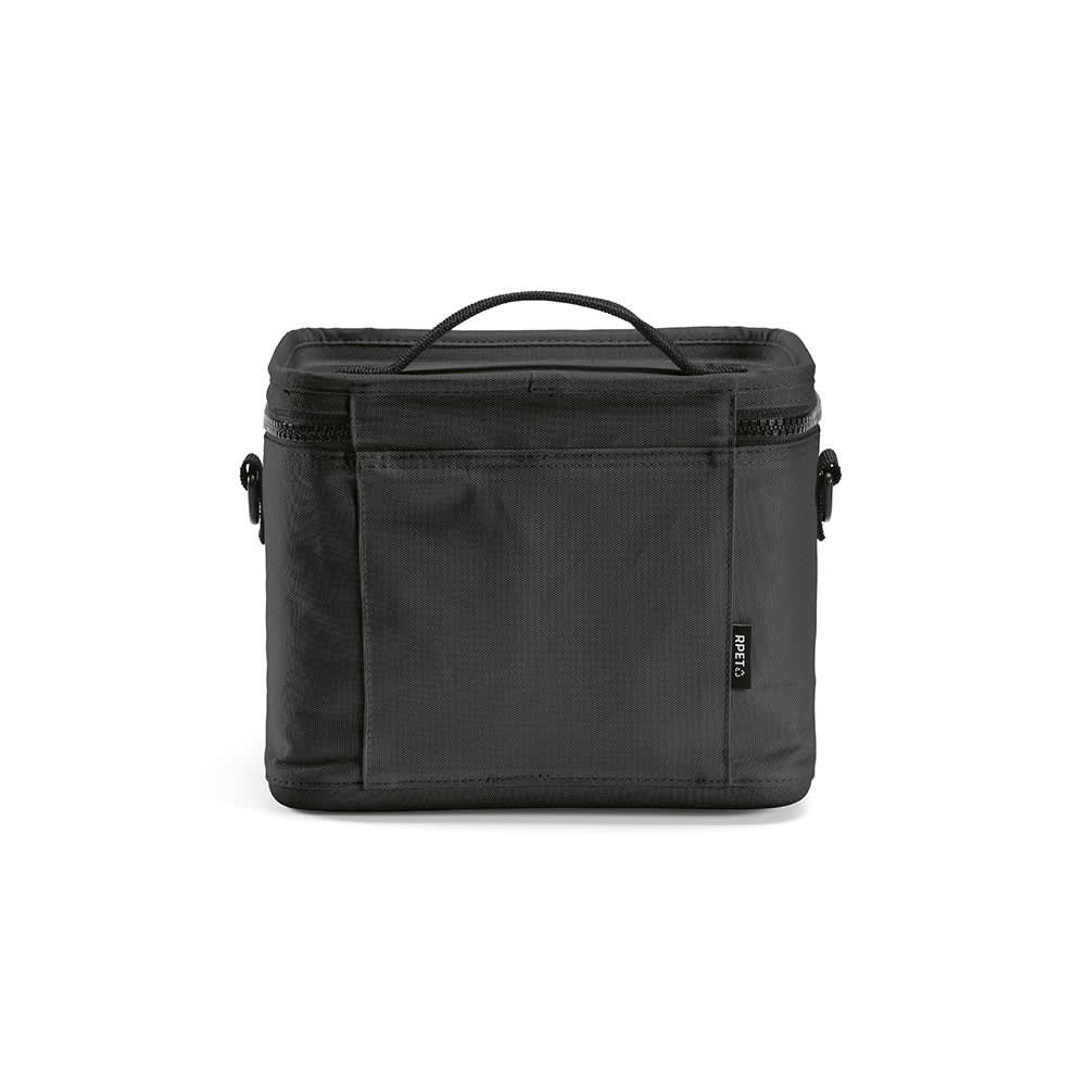 A cooler bag in black featuring a handle, zipper closure, and a front pocket. It has a logo on the side.
