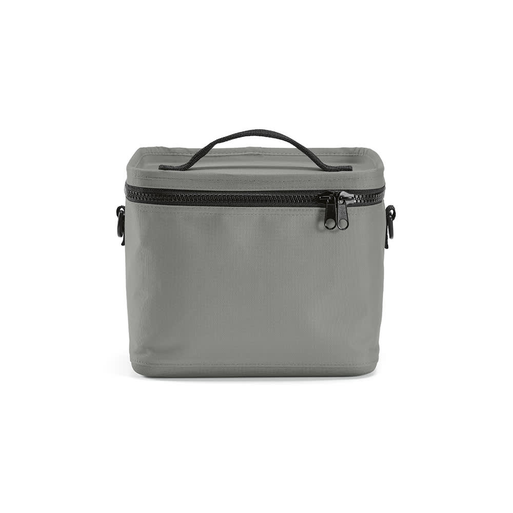 A grey cooler bag with a handle and black thermo-injected zippers. It features a minimalist design with a branding logo.