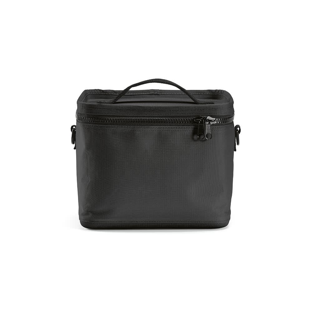 A black cooler bag with a sturdy handle and thermo-injected zippers, designed for insulation and durability.