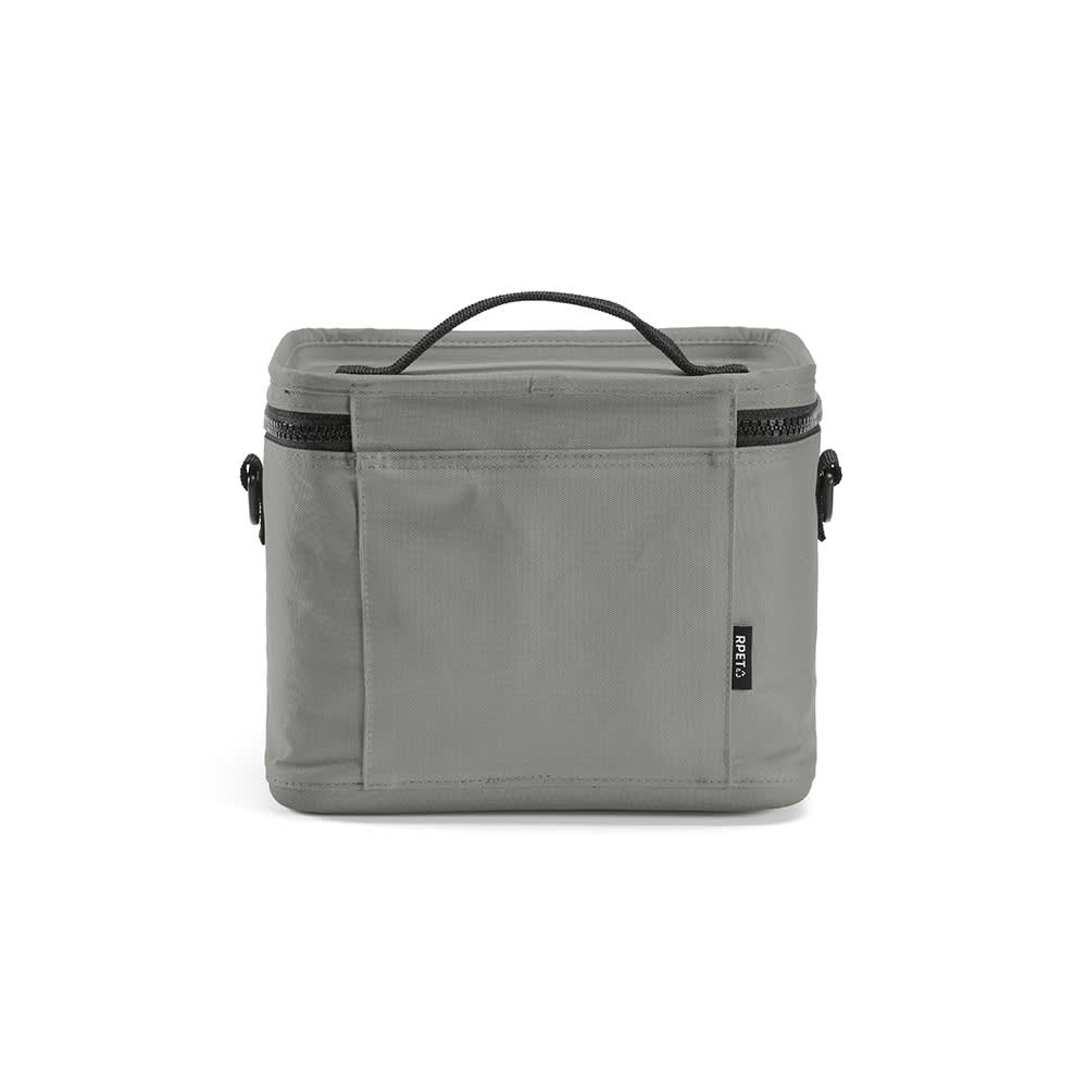 A grey insulated cooler bag with a handle and thermo-injected zippers, featuring a branding logo.