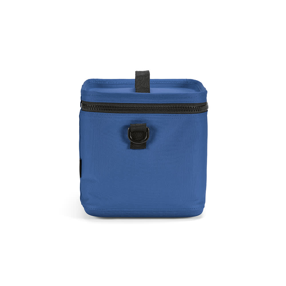 A blue cooler bag with a black zipper and a top handle, featuring a logo on the side.