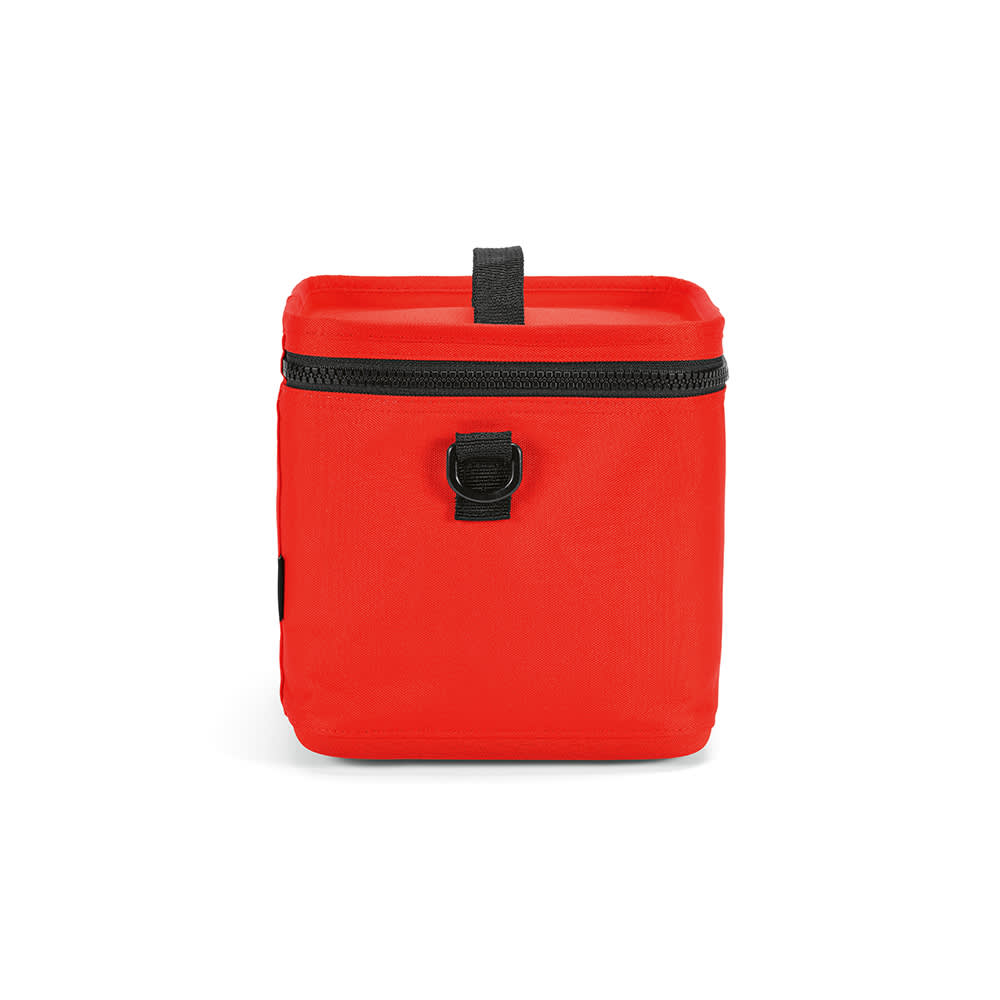A red cooler with a black zipper and handle, crafted from rPET and rABS materials. It features thermo-injected zippers.