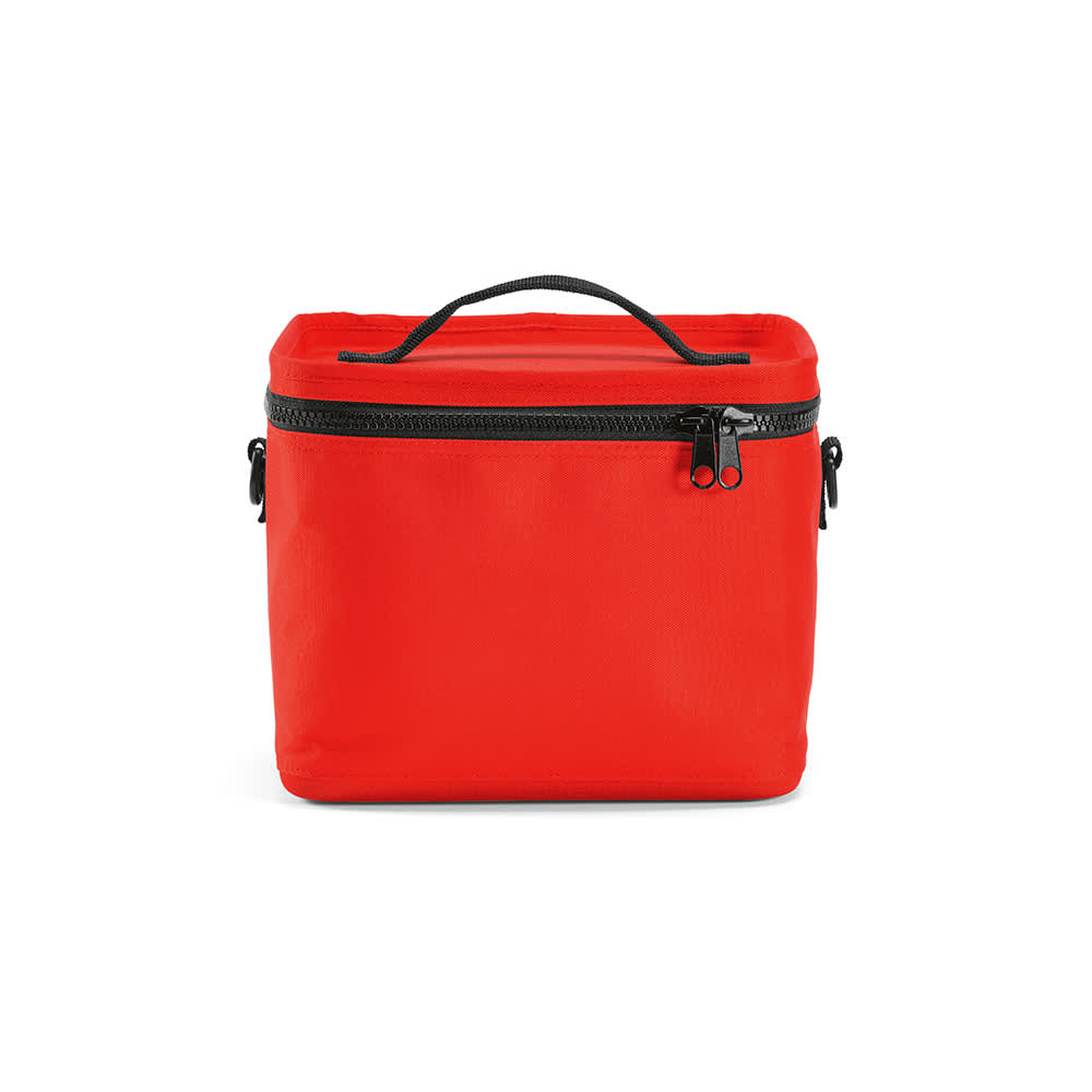 A red cooler bag with black thermo-injected zippers and a handle on top. Features a logo on the front.