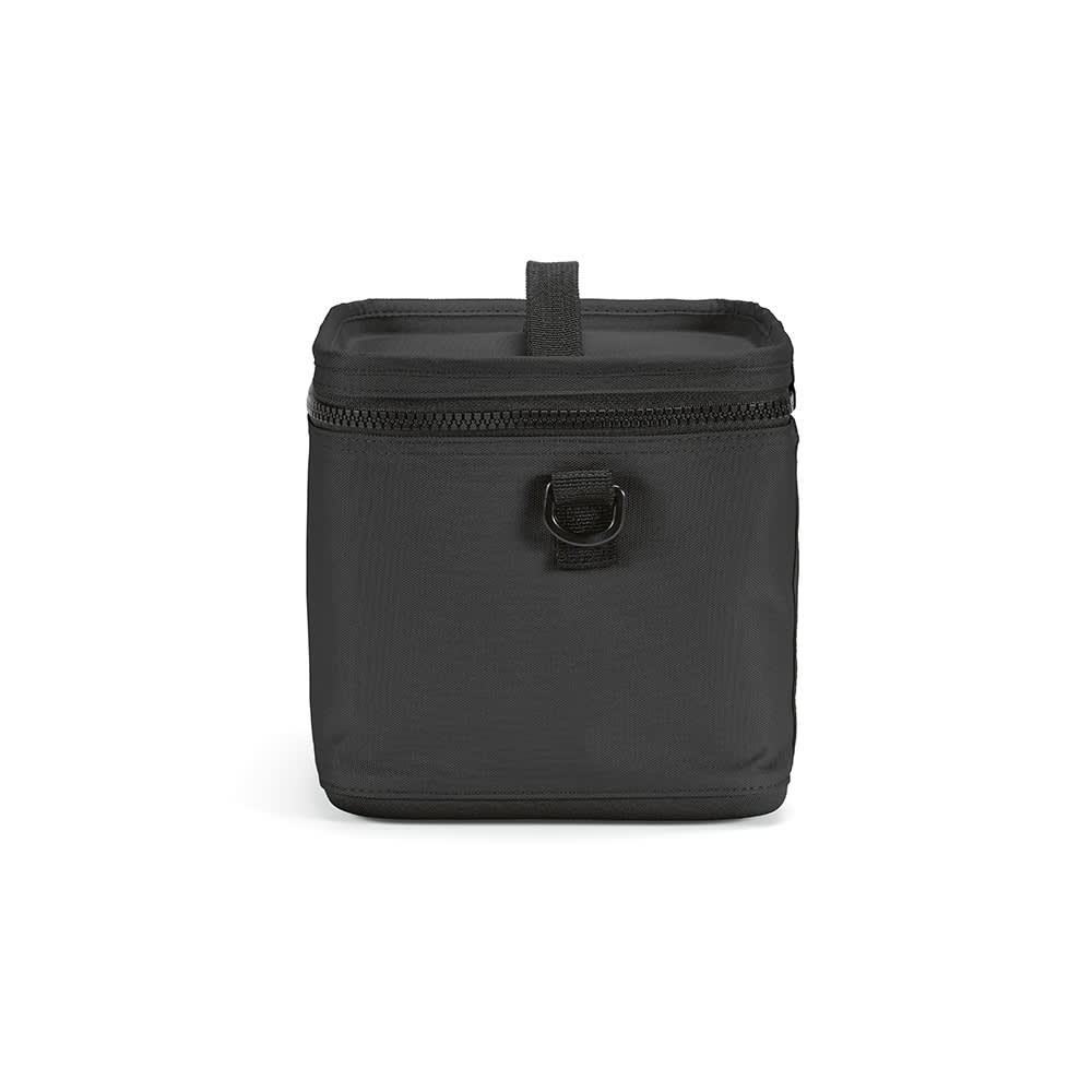 A black cooler bag with a top handle and thermally insulated zip closure, featuring a simple design and a branding logo.