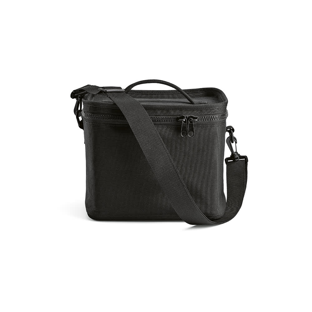 A black cooler bag with thermally insulated walls, featuring zippered closures and a detachable strap.