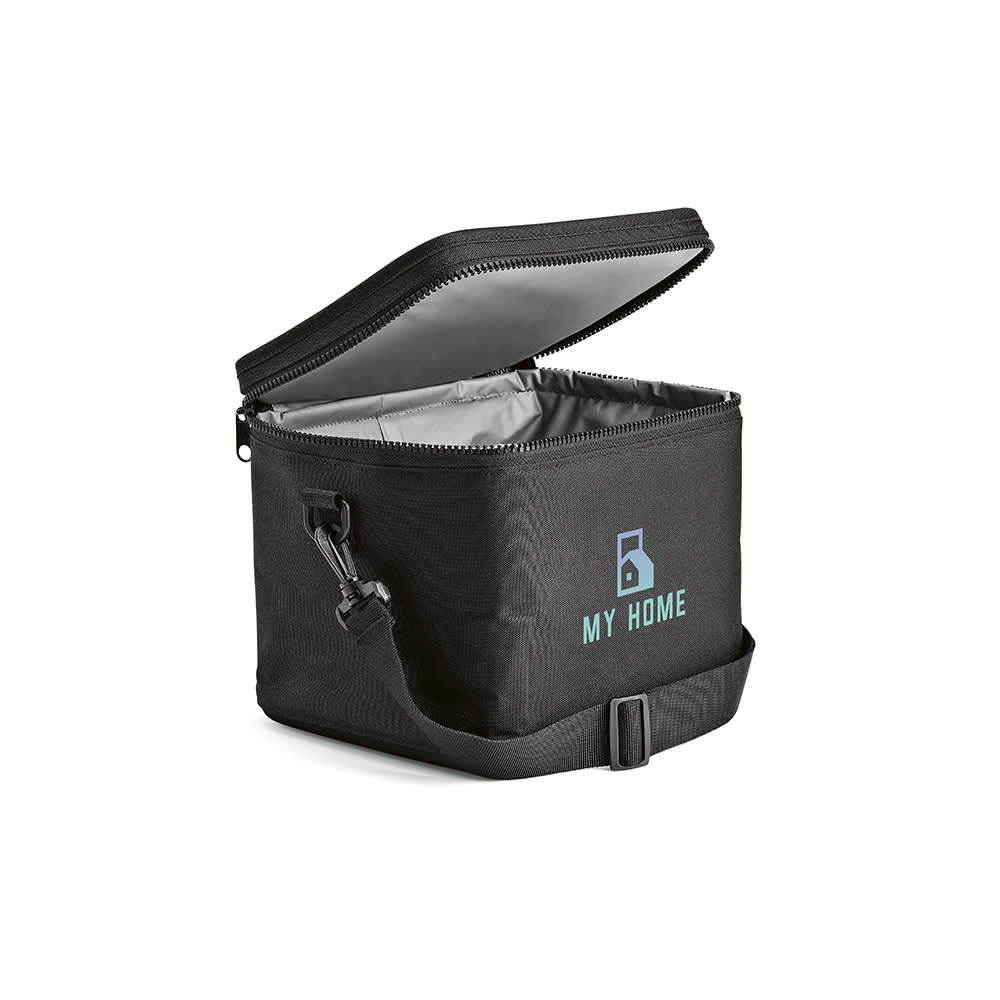 A black cooler bag with a silver interior and a shoulder strap. It features a branding logo on the side.