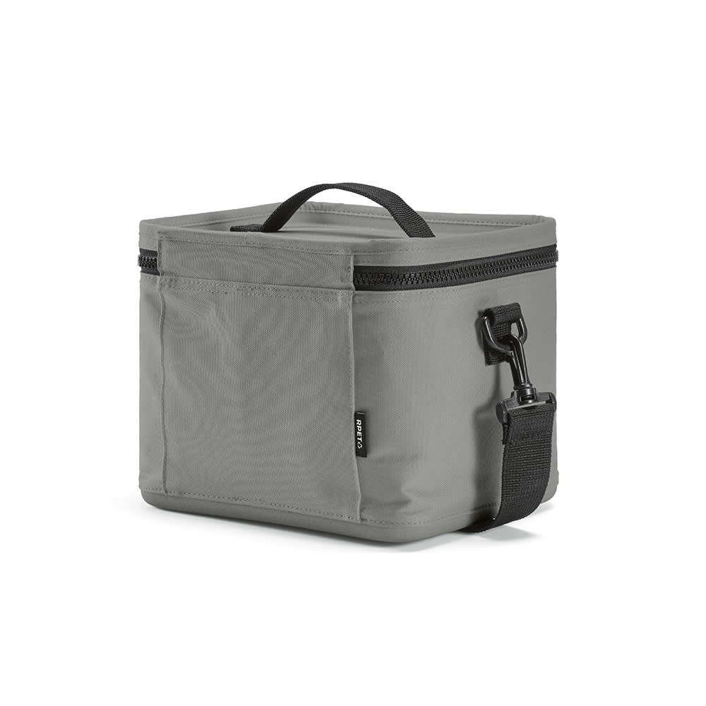A drink cooler in grey with a handle, zip closure, and a front pocket. Features a logo on the side.
