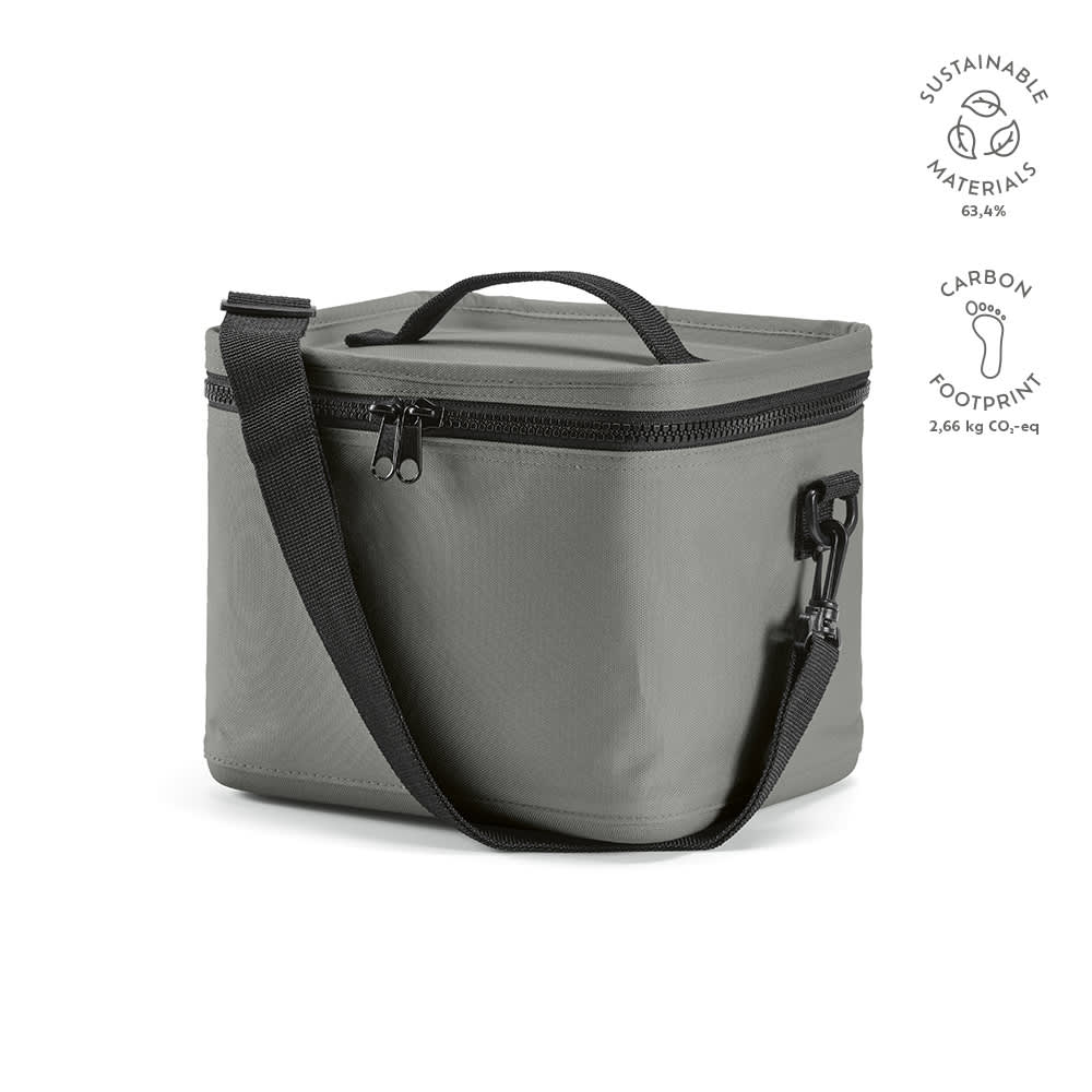 A grey cooler bag with a shoulder strap and thermo-injected zippers. It features an attached handle and branding.