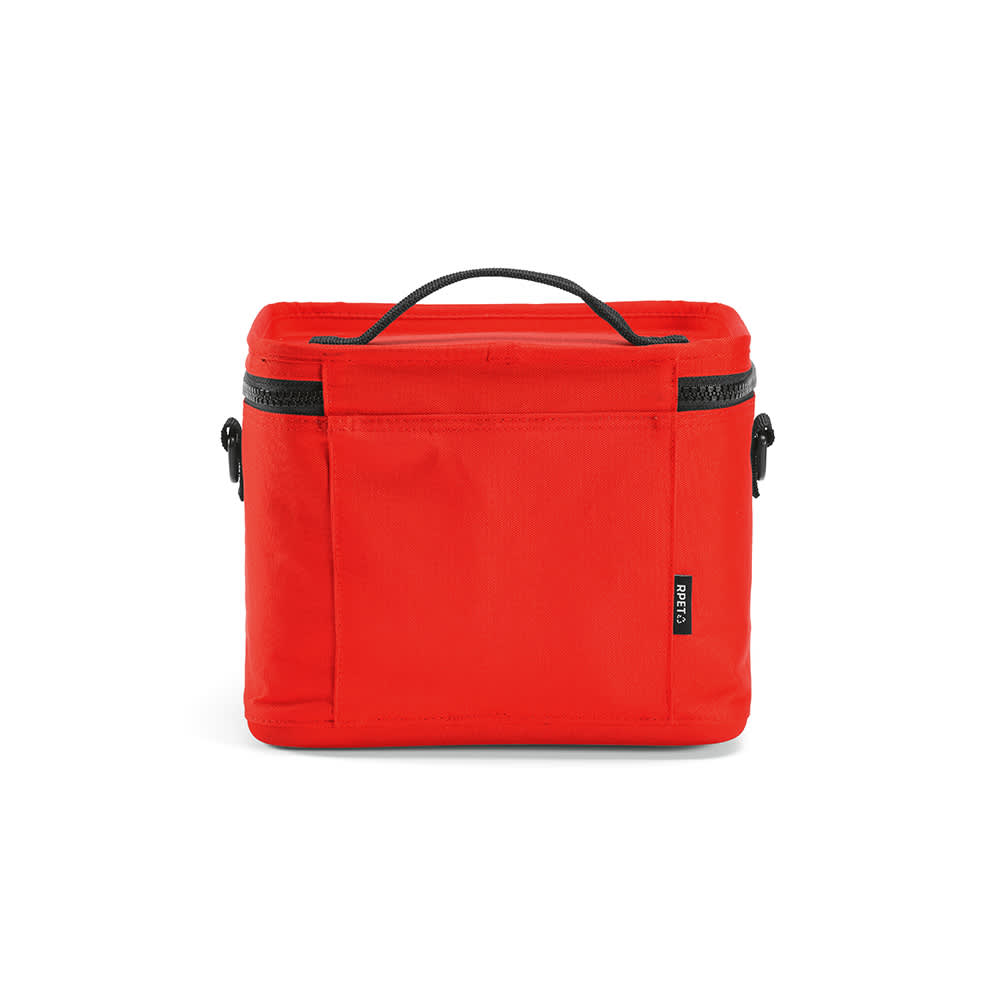 A red insulated cooler bag with a handle and thermo-injected zippers, featuring a logo.