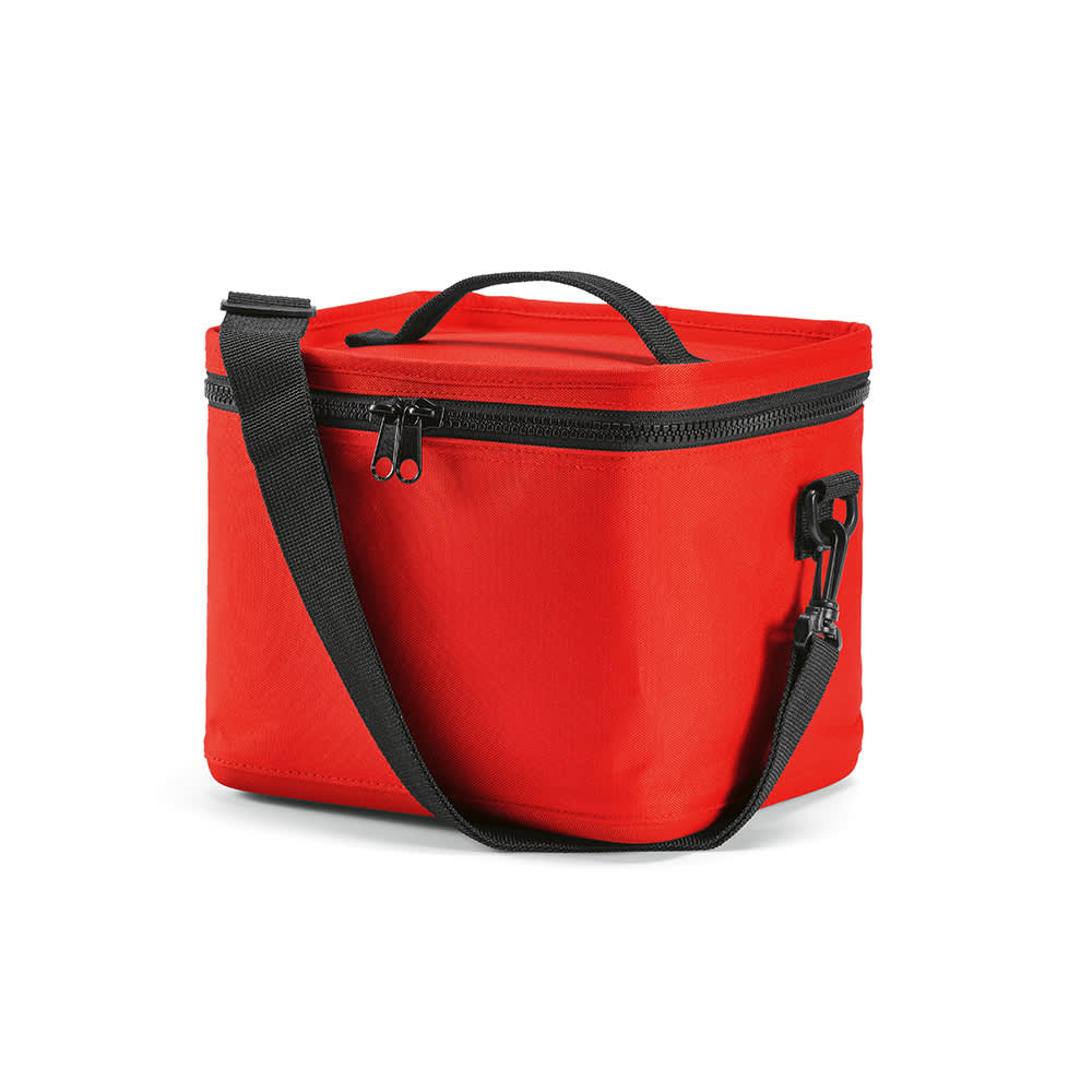A red cooler bag with a black strap and thermo-injected zippers, featuring a logo on the side.