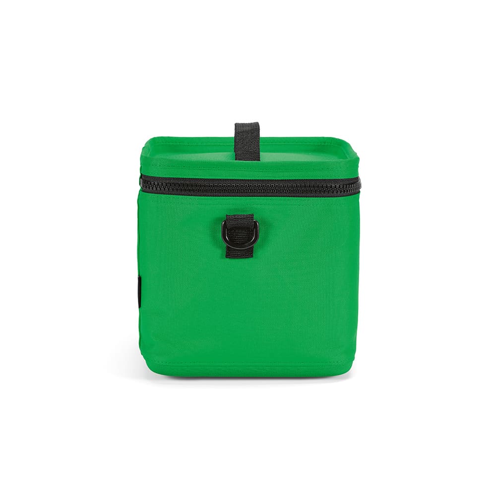 A green cooler bag with a zippered top and a sturdy grab handle, featuring a black fastening loop.