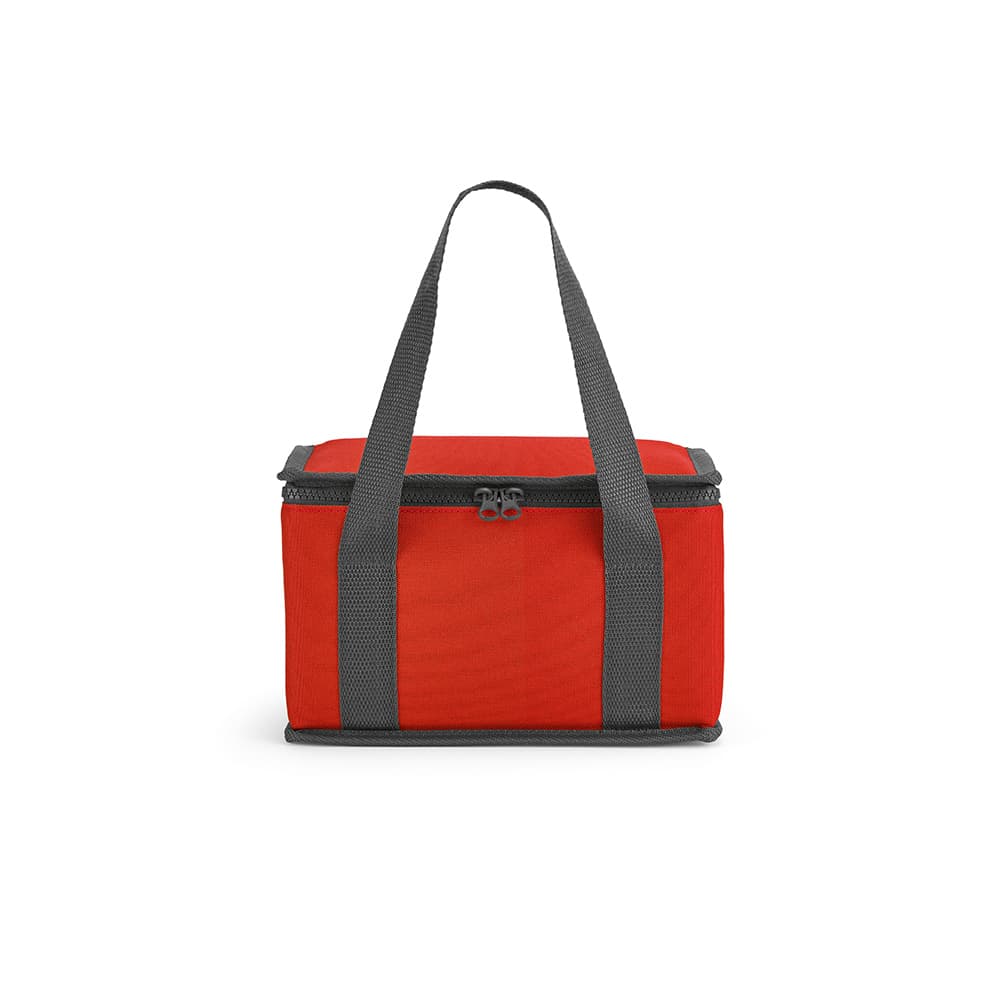 A red cooler bag with grey straps and thermo-injected zippers. It has a rectangular shape and sturdy handles.