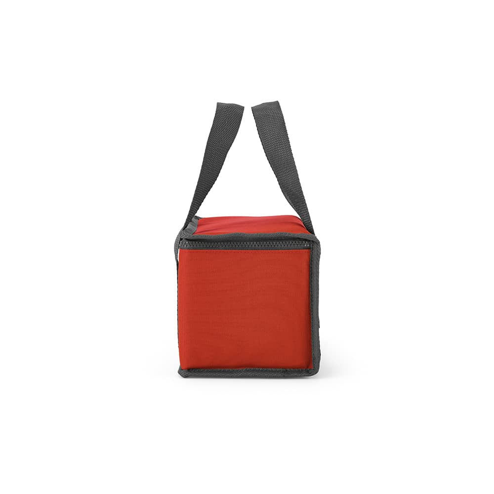 A red cooler with grey detailing and sturdy handles, featuring a square design.