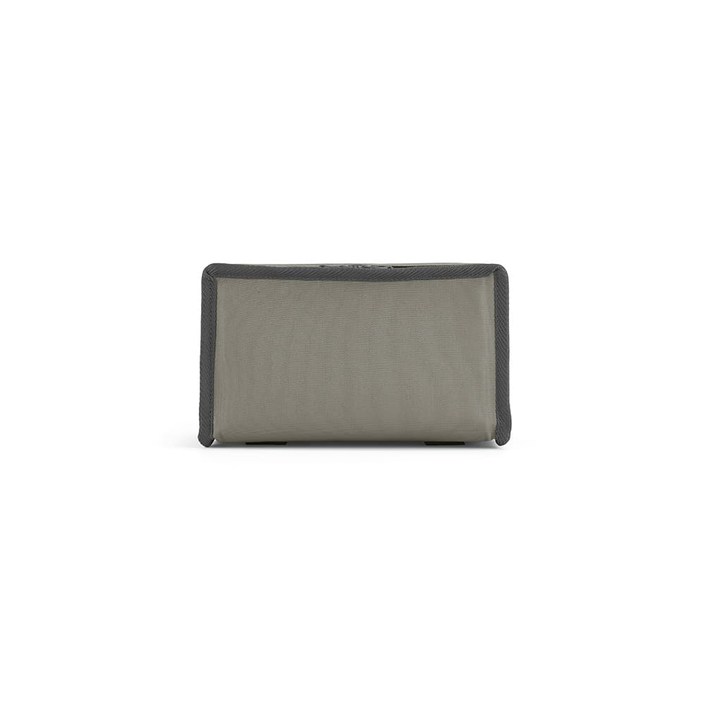 A cooler bag in grey and dark grey with a sleek design and a logo, featuring thermo-injected zippers.