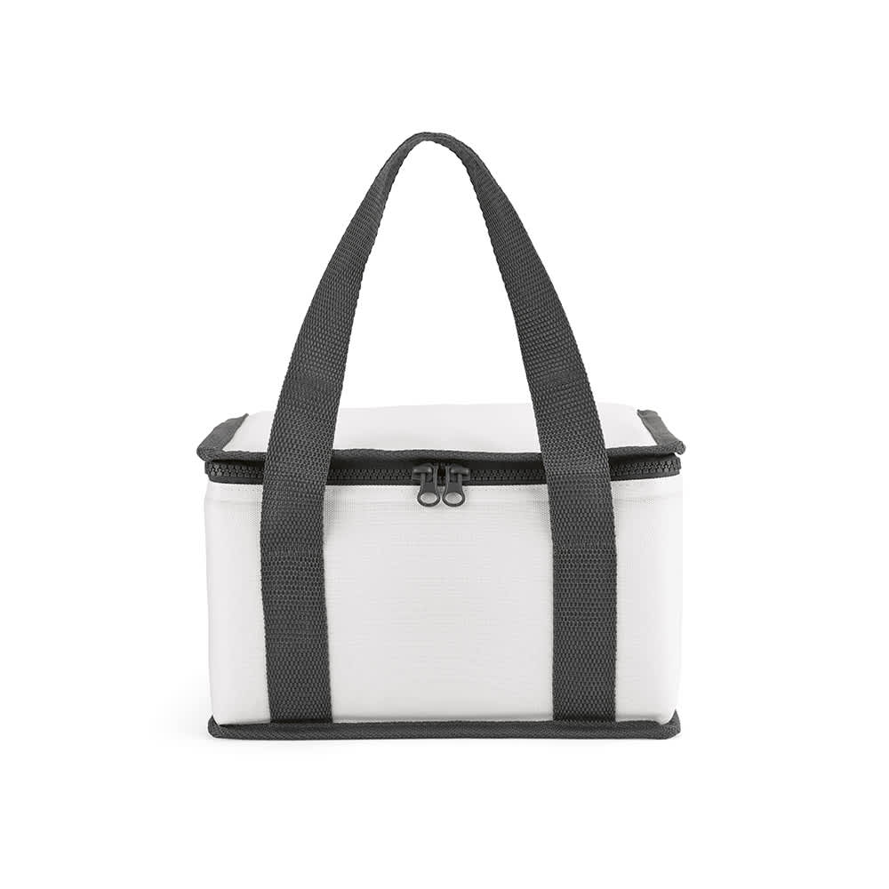 A drink cooler in white with black straps and a zippered closure. It features thermo-injected zippers.