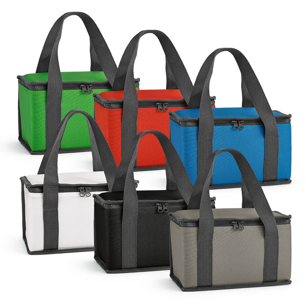 A collection of six insulated cooler bags in green, red, blue, black, grey, and white with black straps and zippers.