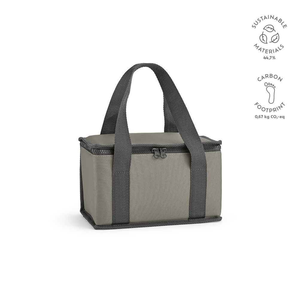 A cooler bag in grey with sturdy handles and a zipper closure, made from sustainable materials.