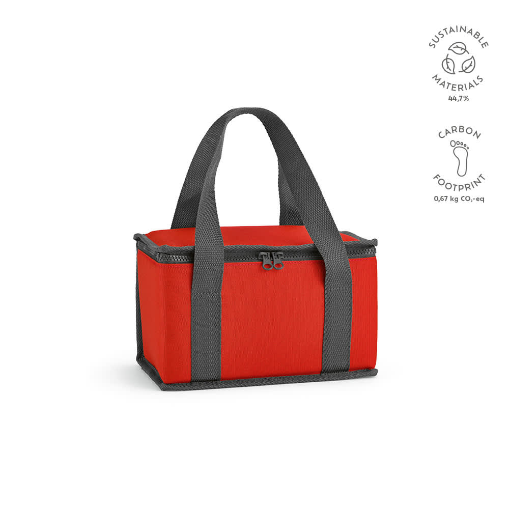 A red cooler bag with grey handles and thermo-injected zippers, made from sustainable materials.