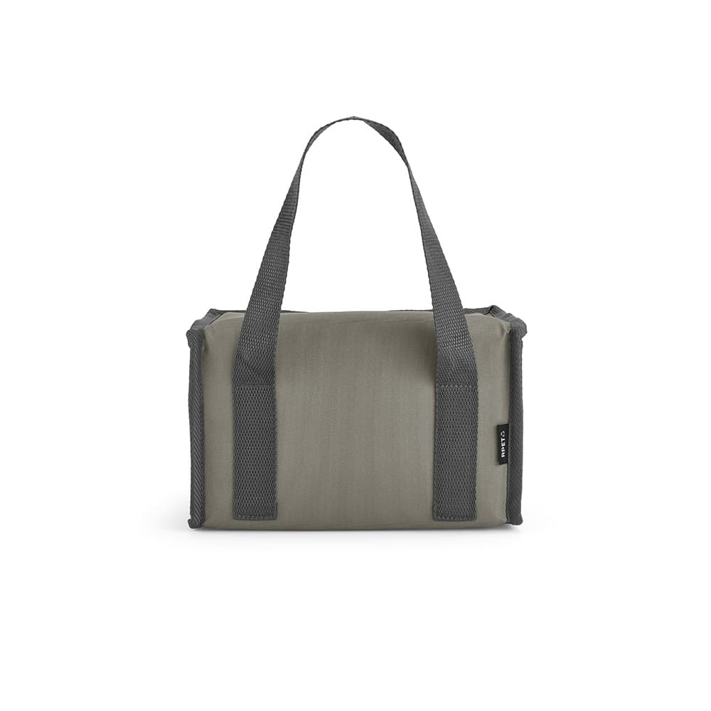 A cooler bag in grey with mesh handles and a rectangular shape, featuring a logo on the side.