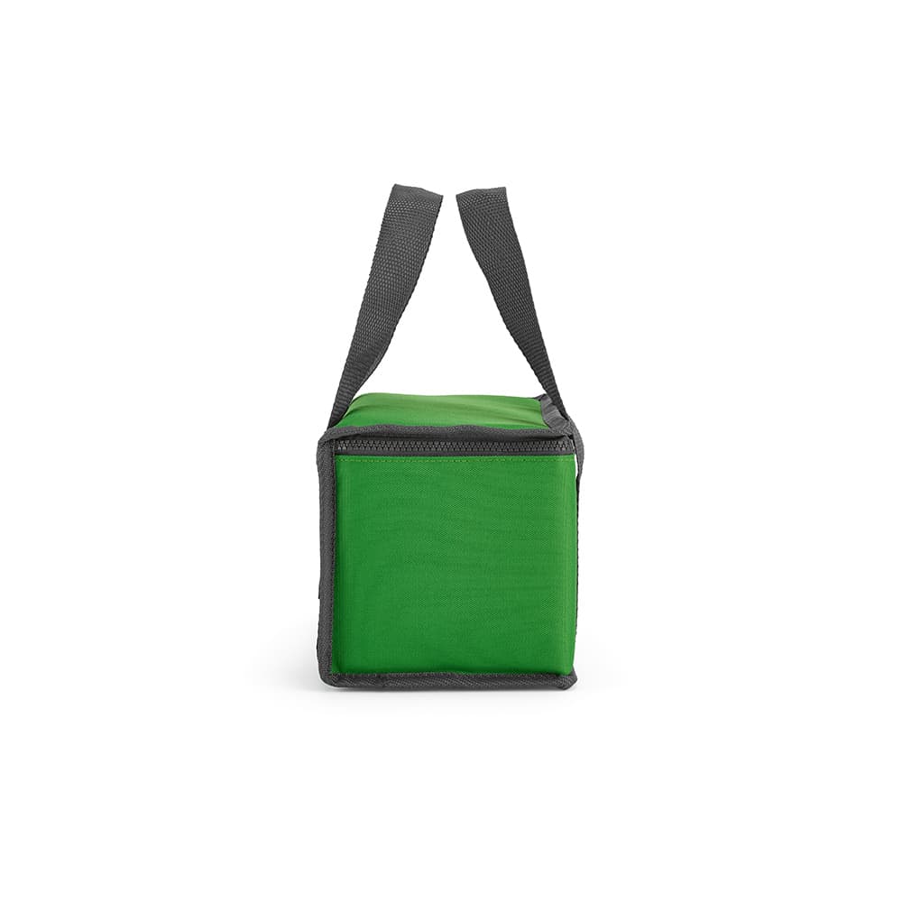 A green cooler bag with grey accents and sturdy handles, designed with a square shape. It features a logo.