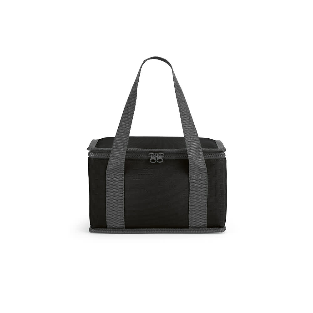 A cooler bag with a solid black exterior and grey straps, featuring thermo-injected zippers.