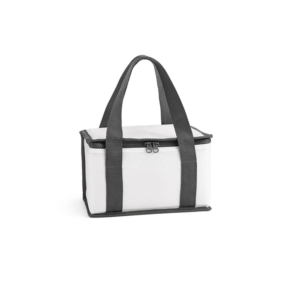 A drink cooler featuring a white exterior and grey straps, with thermo-injected zippers for secure closure.
