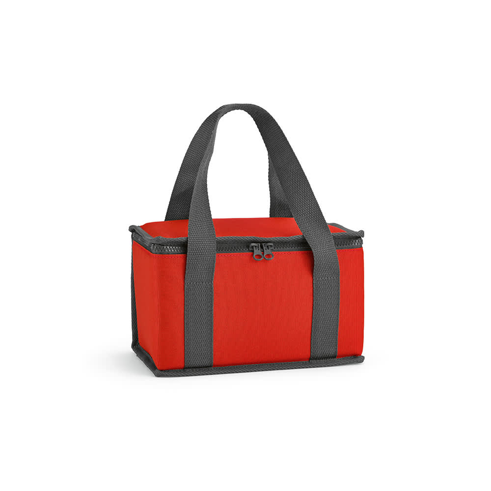 A red cooler bag with grey handles and thermo-injected zippers. It features a simple, sturdy design and a branded logo.