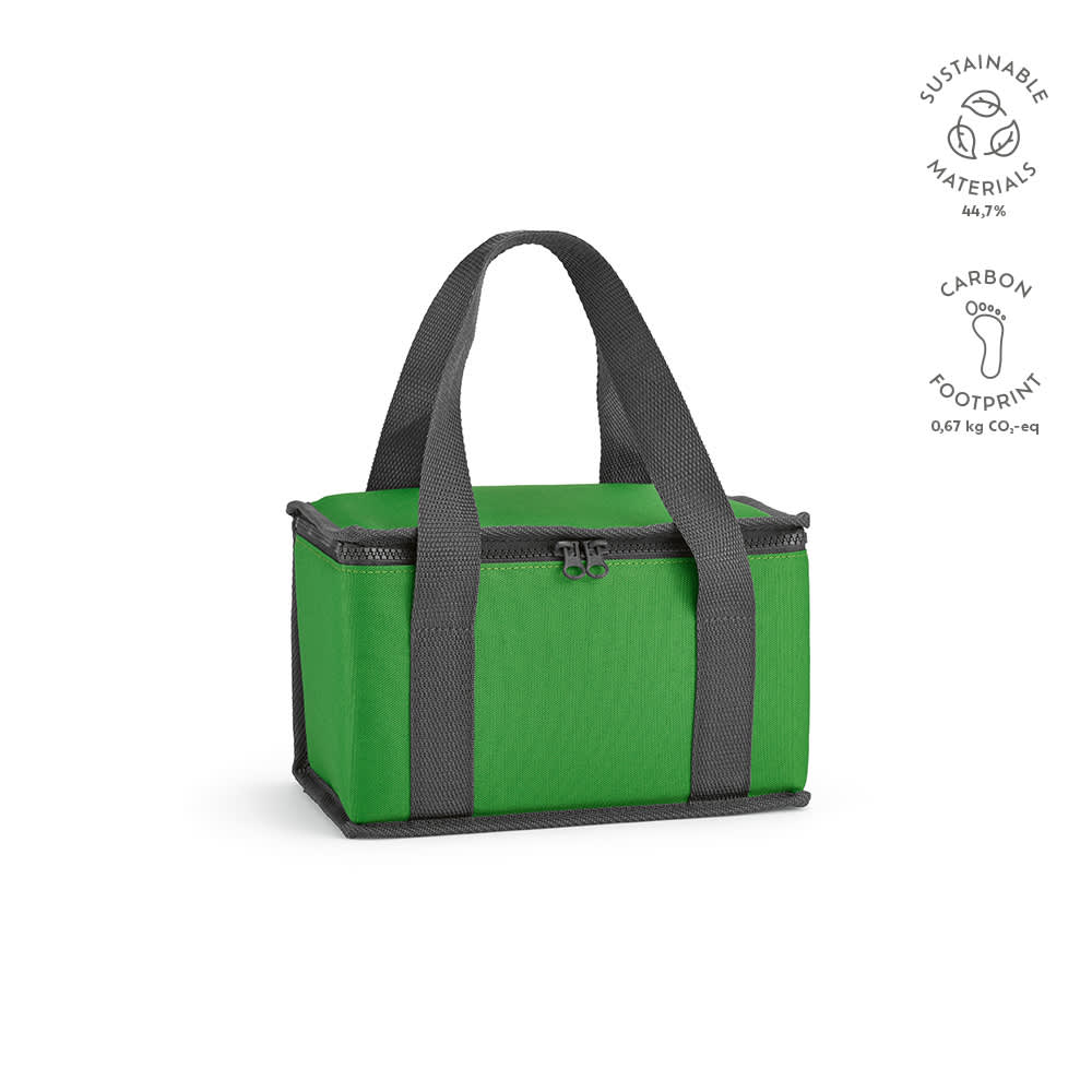 A green cooler bag with grey straps, featuring thermo-injected zippers and a brand logo.