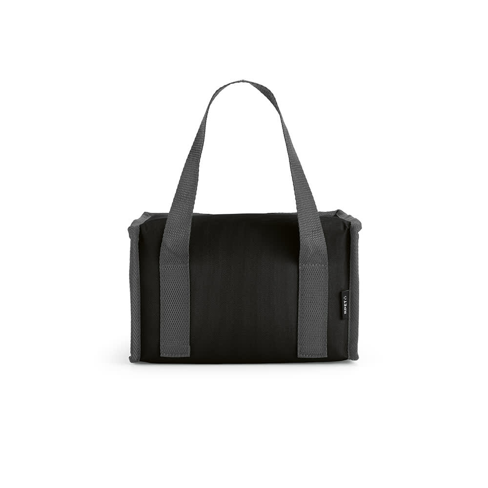 A black cooler bag with grey mesh handles, featuring a square shape and an attached logo.
