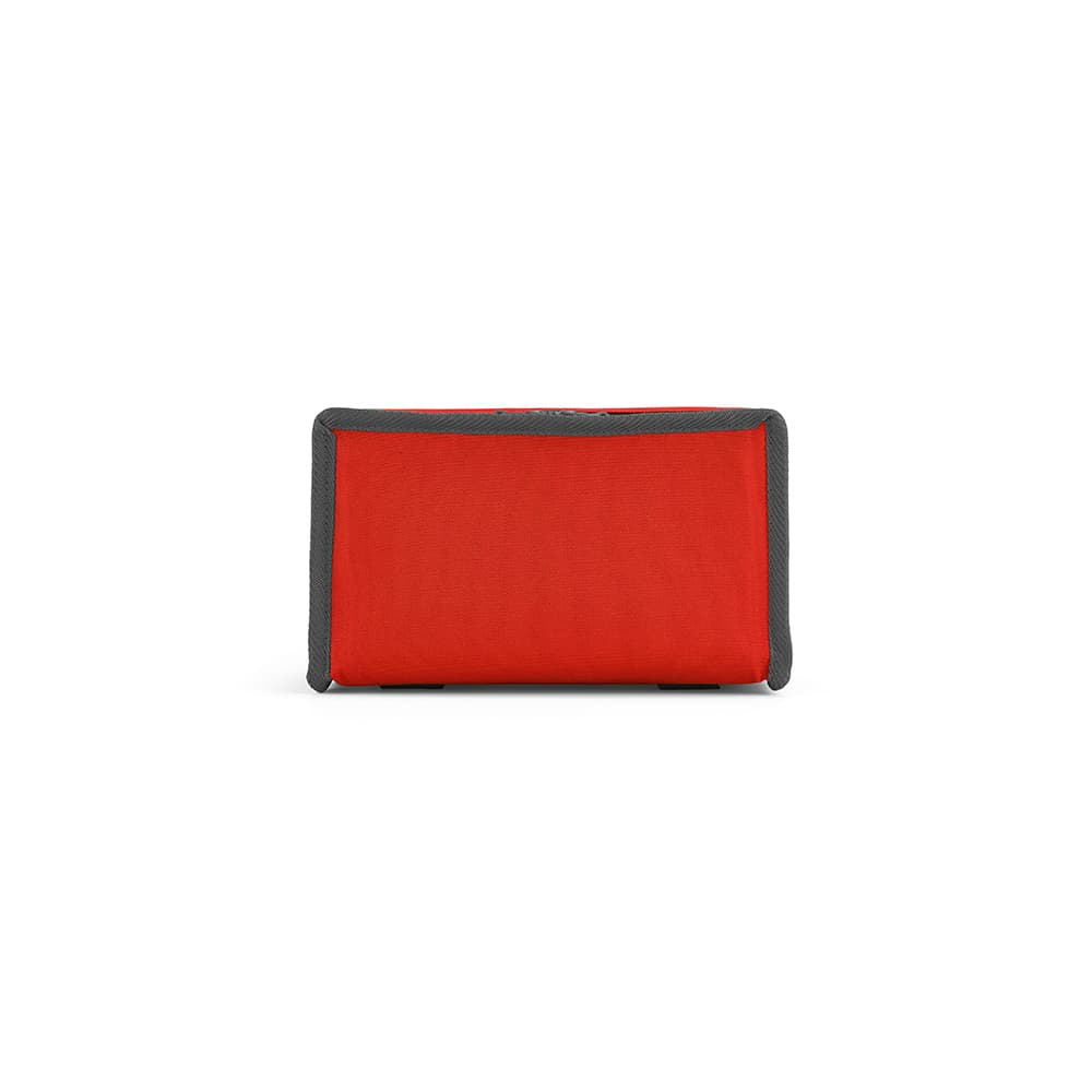 A red cooler with grey accents, featuring thermo-injected zippers and a brand logo.