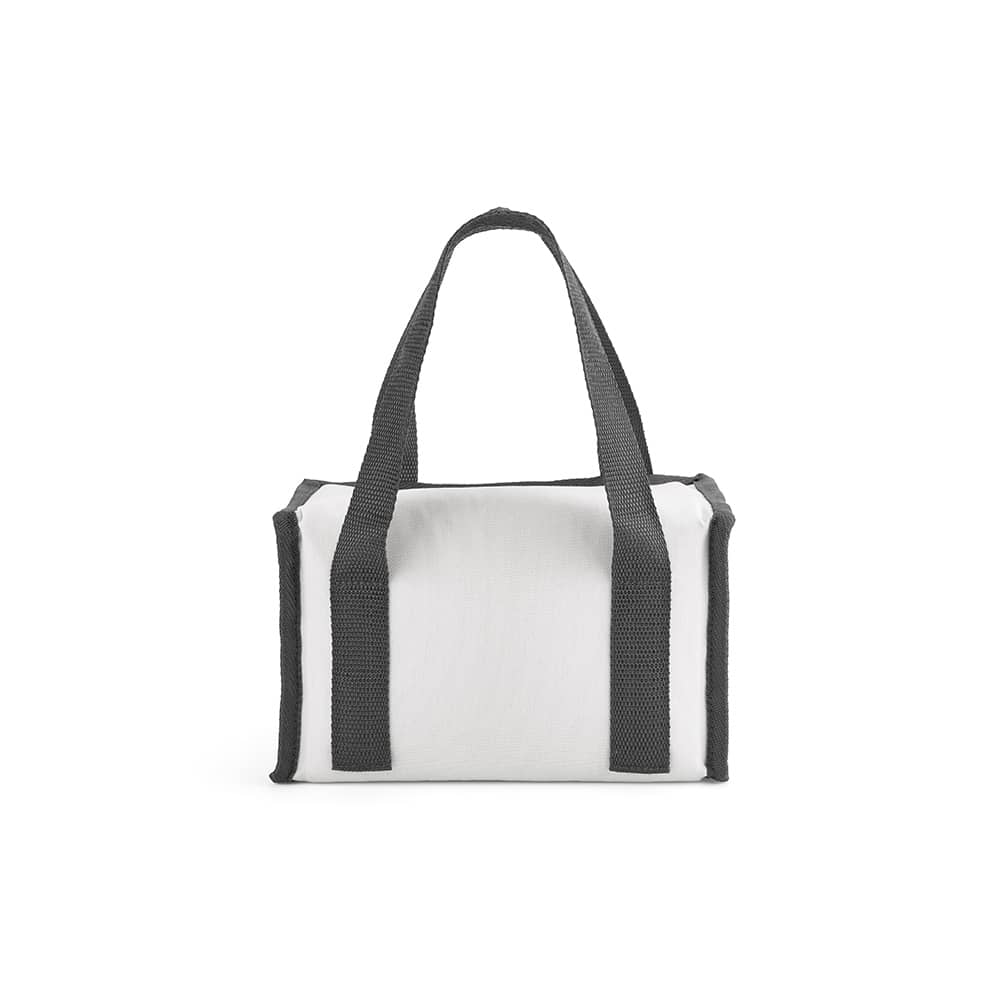 A small white cooler bag with grey handles and a sturdy design, featuring a logo on its surface.