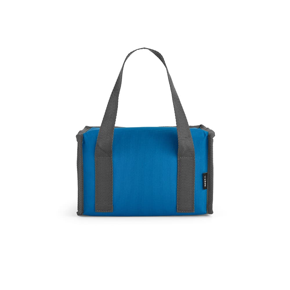 A cooler bag in bright blue, featuring grey handles and a sleek, compact design. It includes a logo on the side.