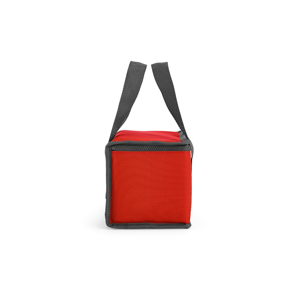 A red cooler bag with grey accents and handles, featuring a square shape and a zippered closure.