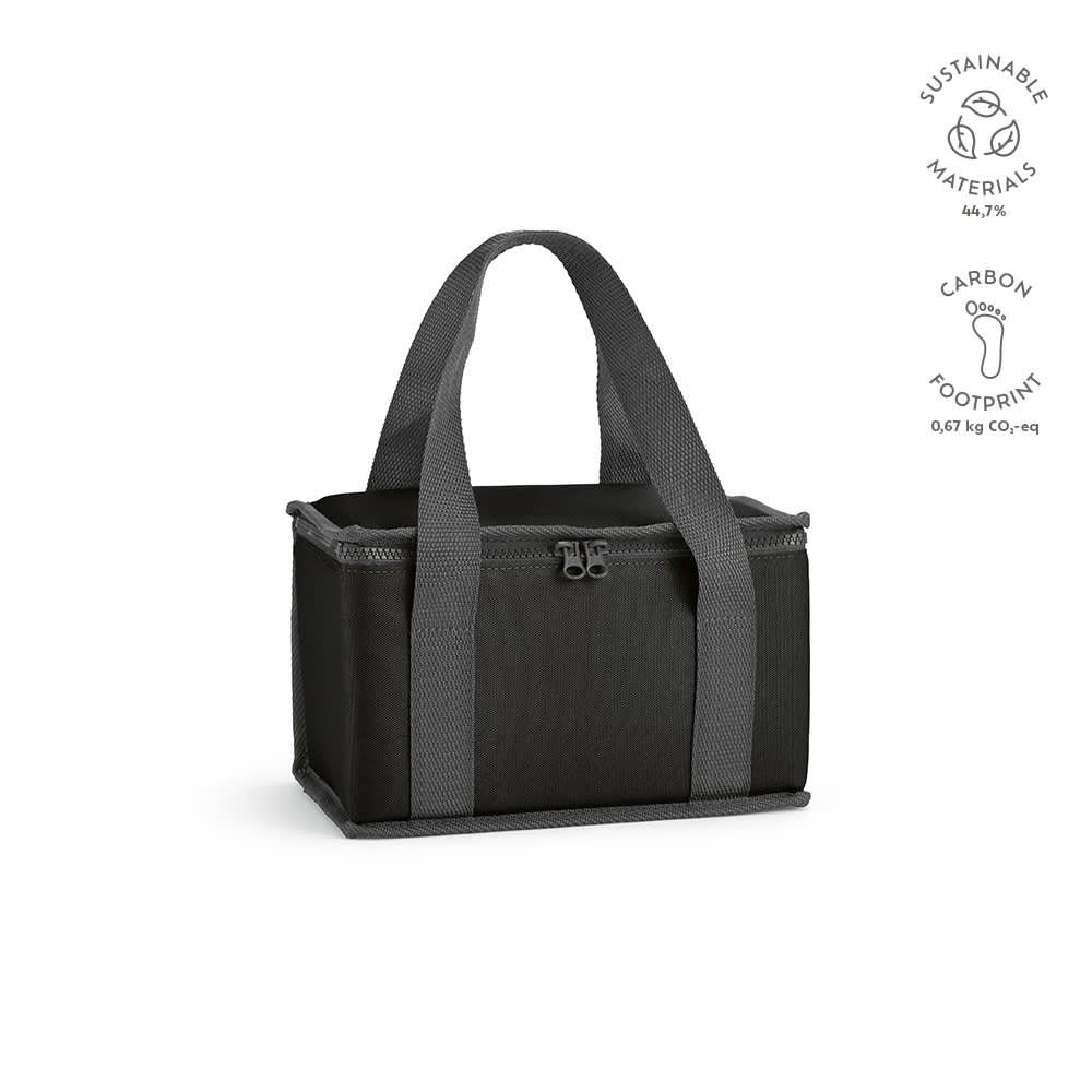 A cooler bag in black with grey handles, featuring a thermo-injected zipper and a logo.