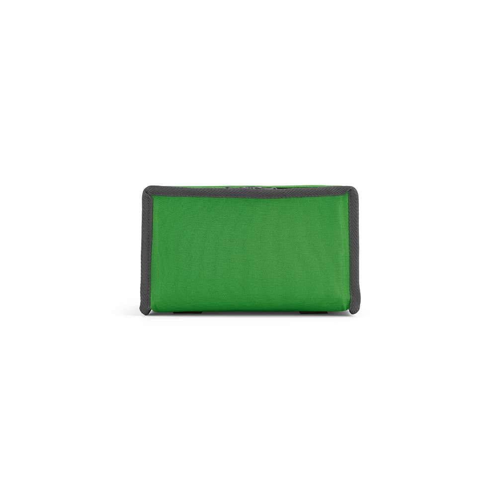 A green cooler bag with a grey trim and thermo-injected zippers, featuring a logo on one side.