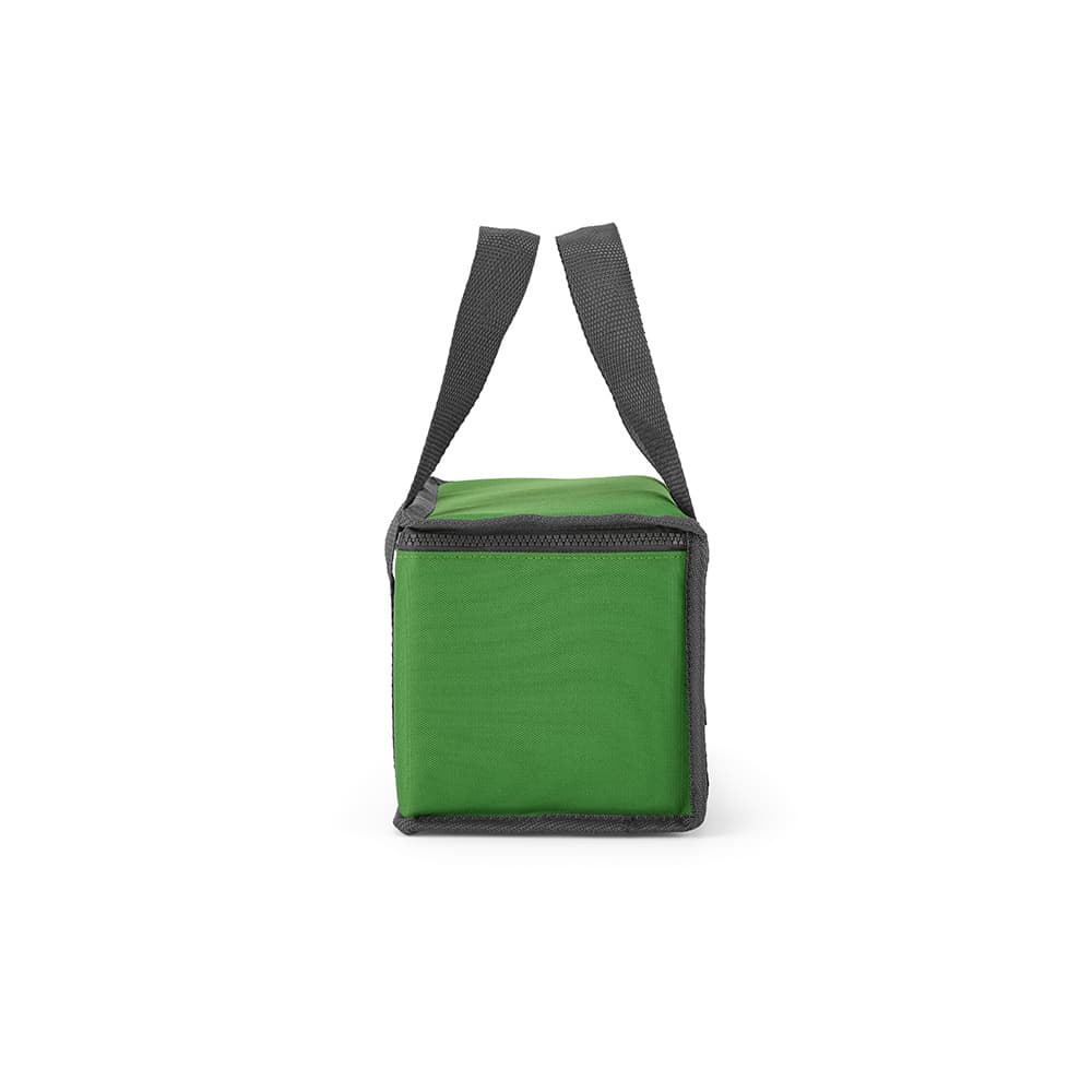 A green cooler bag with grey straps and thermo-injected zippers. It has a simple rectangular shape.