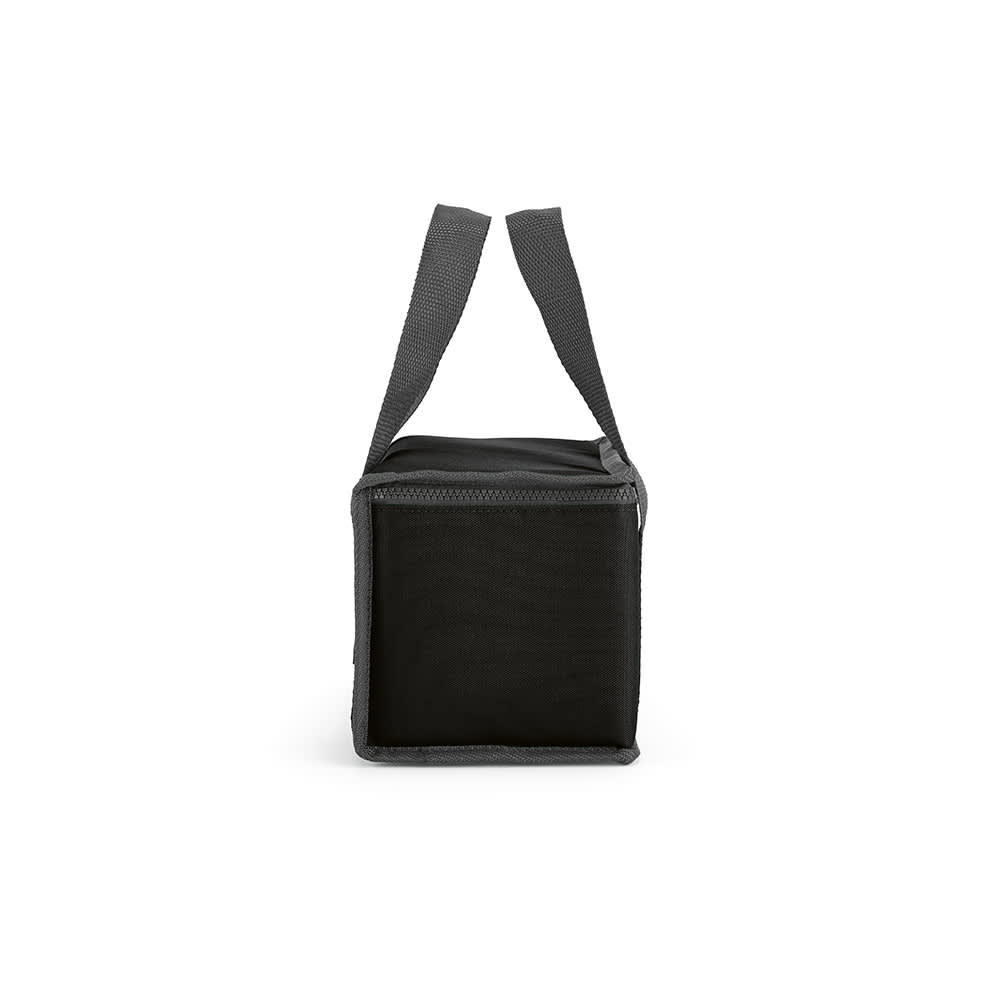 A cooler bag in black with grey straps, featuring thermo-injected zippers and a square shape.