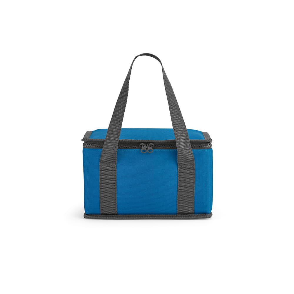 A blue insulated cooler bag with grey straps and thermo-injected zippers. It has a rectangular shape and sturdy construction.