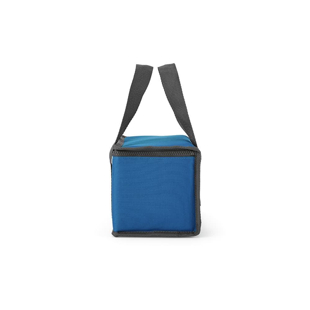 A cooler bag with a blue exterior and grey accents, featuring sturdy carrying straps and a zipper.
