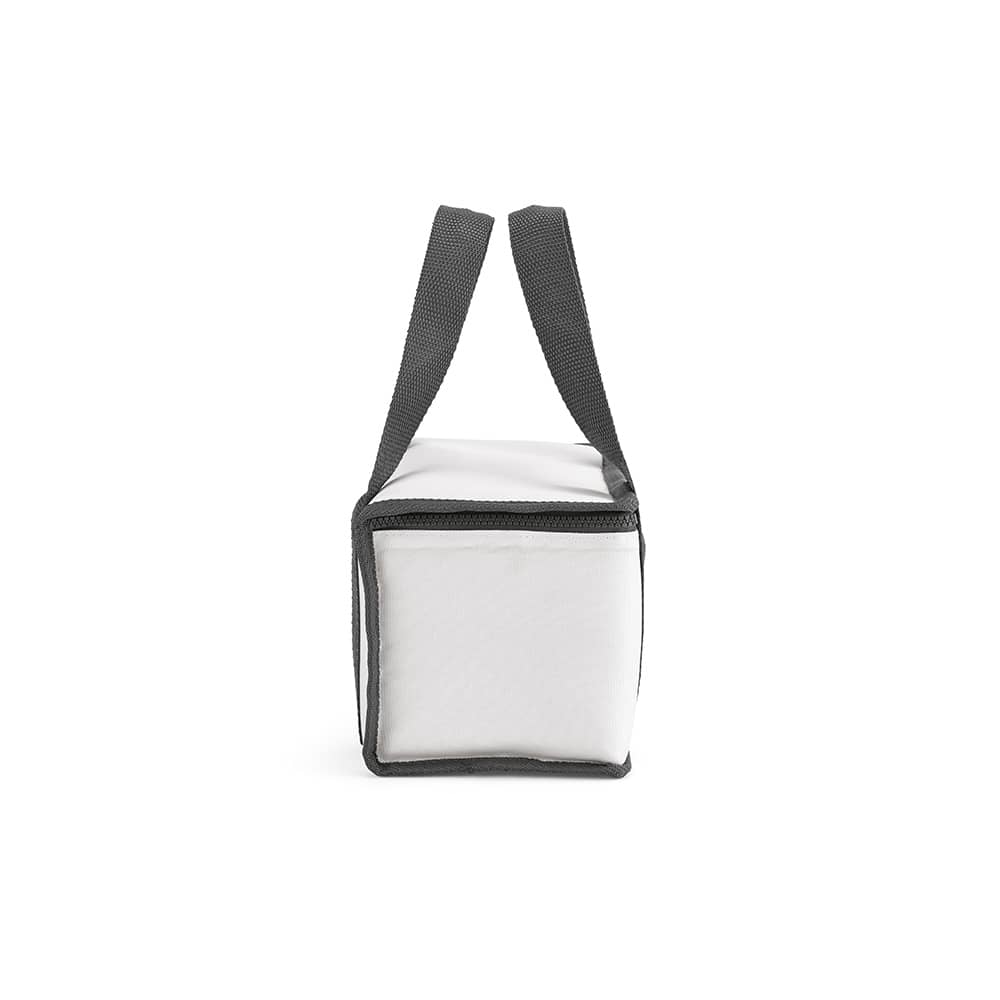 A cooler bag in grey and white, featuring a square design and dual straps for carrying. It has a zip closure.