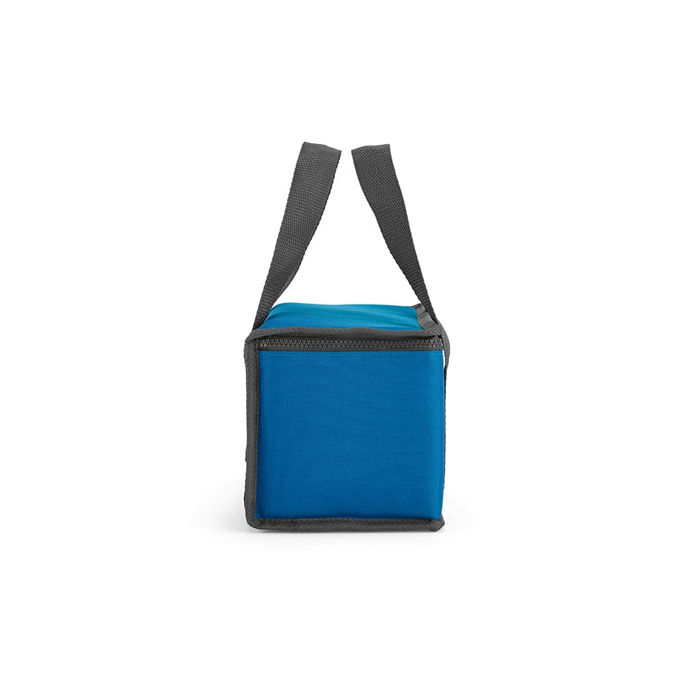 A cooler bag in blue and grey, featuring sturdy handles and a boxy shape. It includes thermo-injected zippers and a logo.
